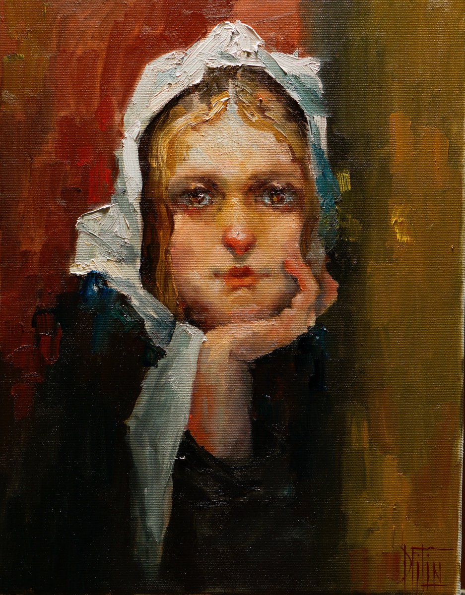 Impressionistic Portrait Oil Painting By Pavel Filin, 14 X 18", Girl In A Blue Scarf, Original Artwork