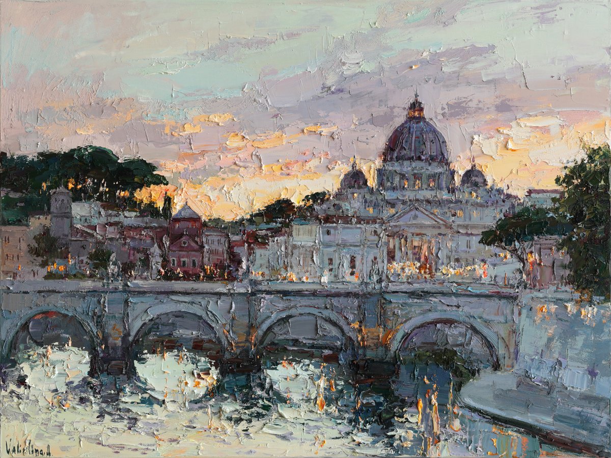 St. Angelo Bridge At Sunset, Rome By Anastasiia Valiulina, 31 X 24, Artwork For Sale On Artfinder