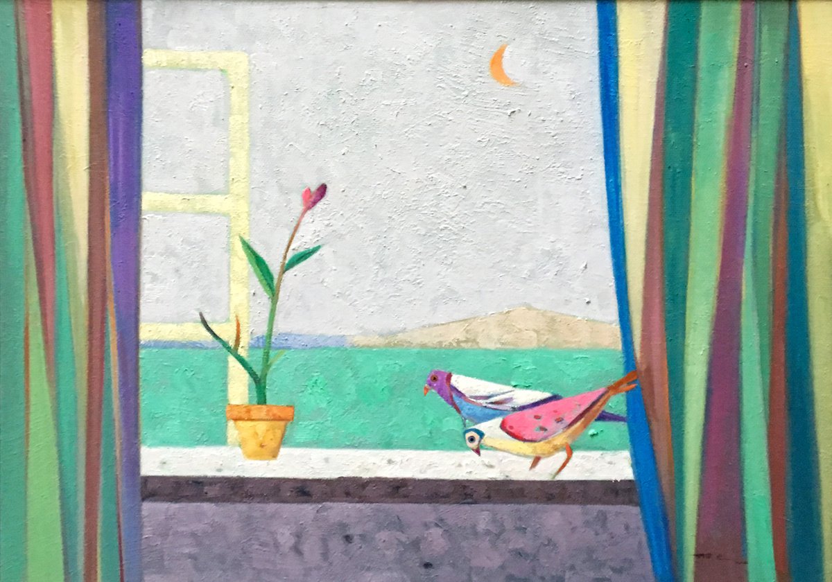 Photorealistic Animal Oil Painting By Kunlong Wang, 39 X 30", Two Birdies, Original Artwork