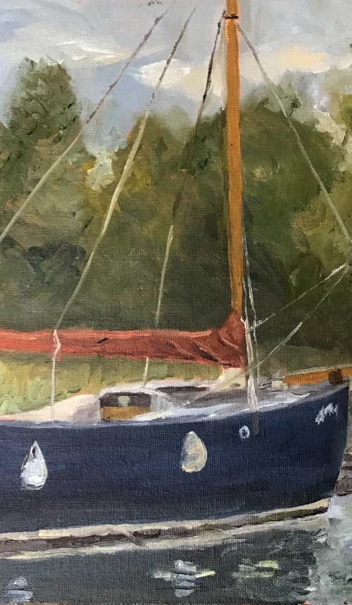 Blue boat on the Broads, an original oil painting by Julian Lovegrove Art