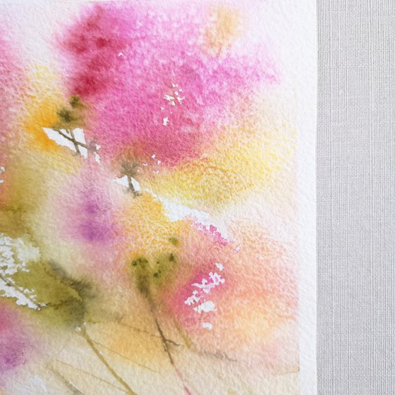 Soft pink abstract flowers, small watercolor painting