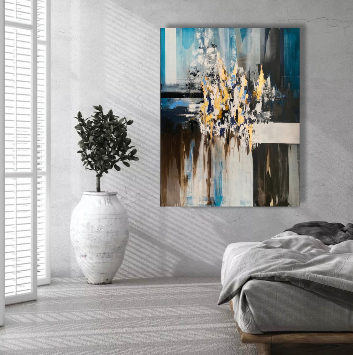 Blue white abstraction with gold leaf Modern and fresh wall art. by Marina Skromova