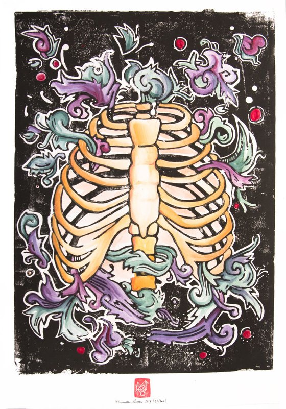 Rib cage linocutprint watercolored