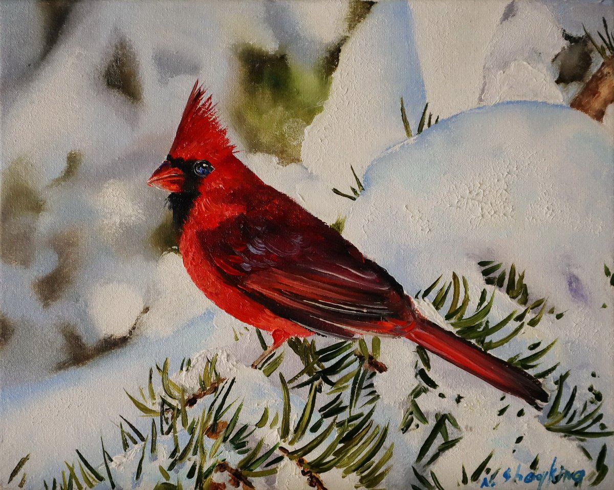 Photorealistic Animal Oil Painting By Natalia Shaykina, 9 X 7", Red Cardinal In Snow, Original Artwork