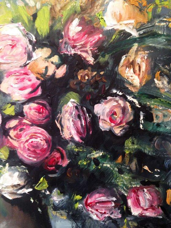 roses at twiligh - original oil painting on paper - gift idea - palette knife and brush 38 x 40 cm (15 x 16 inches )