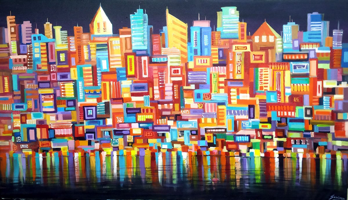 Abstract Acrylic Painting By Samiran Sarkar, 45 X 28", Colorful Night City, Original Artwork
