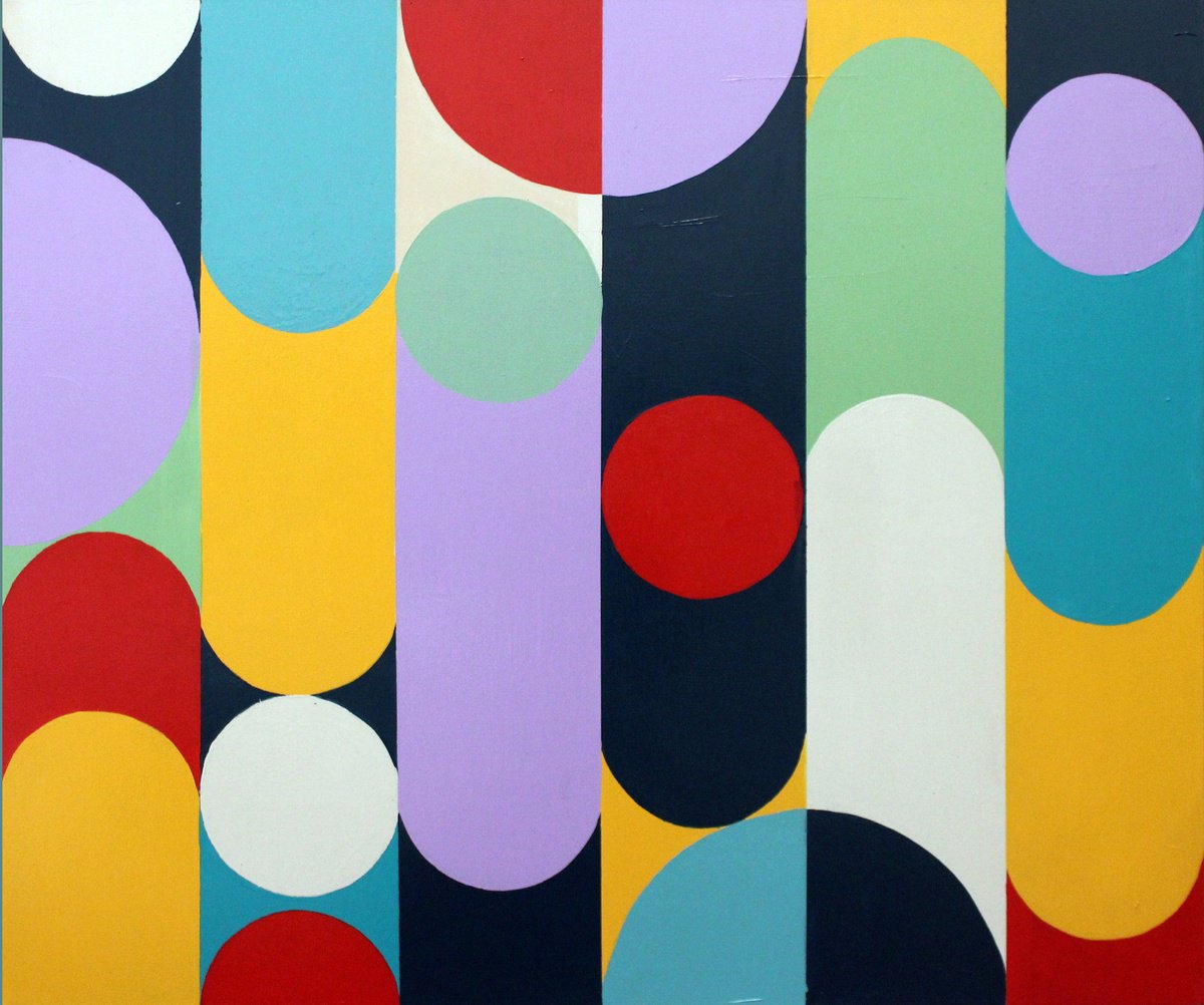 Geometric Abstract Acrylic Painting By Andrew Watt, 47 X 39, Geo Pop Lines No 1, Original Artwork