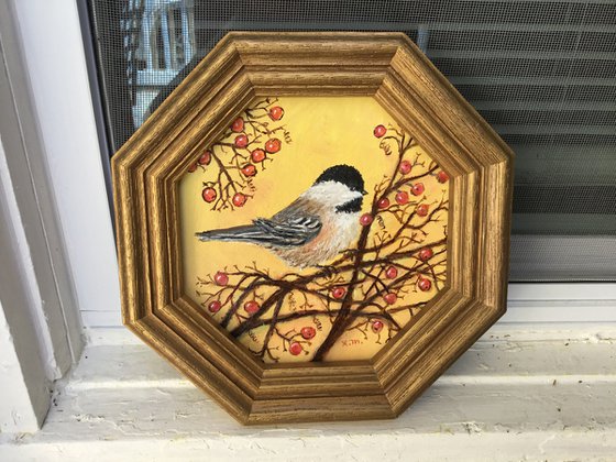 Chickadee # 20 - oil on 8X8 octagonal canvas