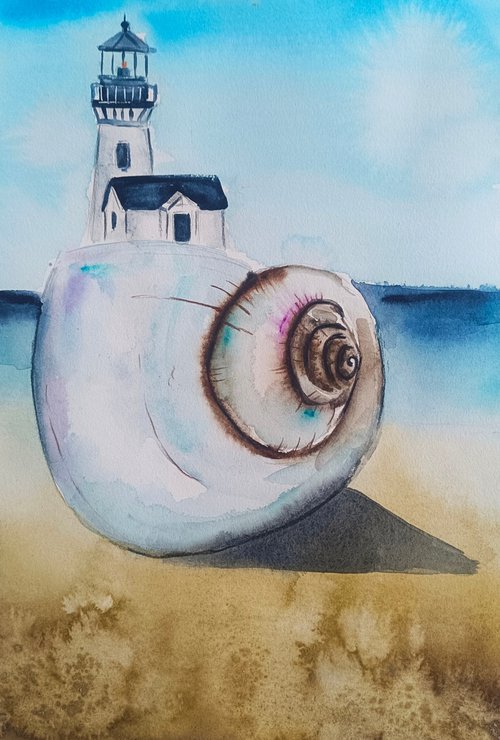 Seashell Lighthouse On Beach(small) by Evgenia Smirnova