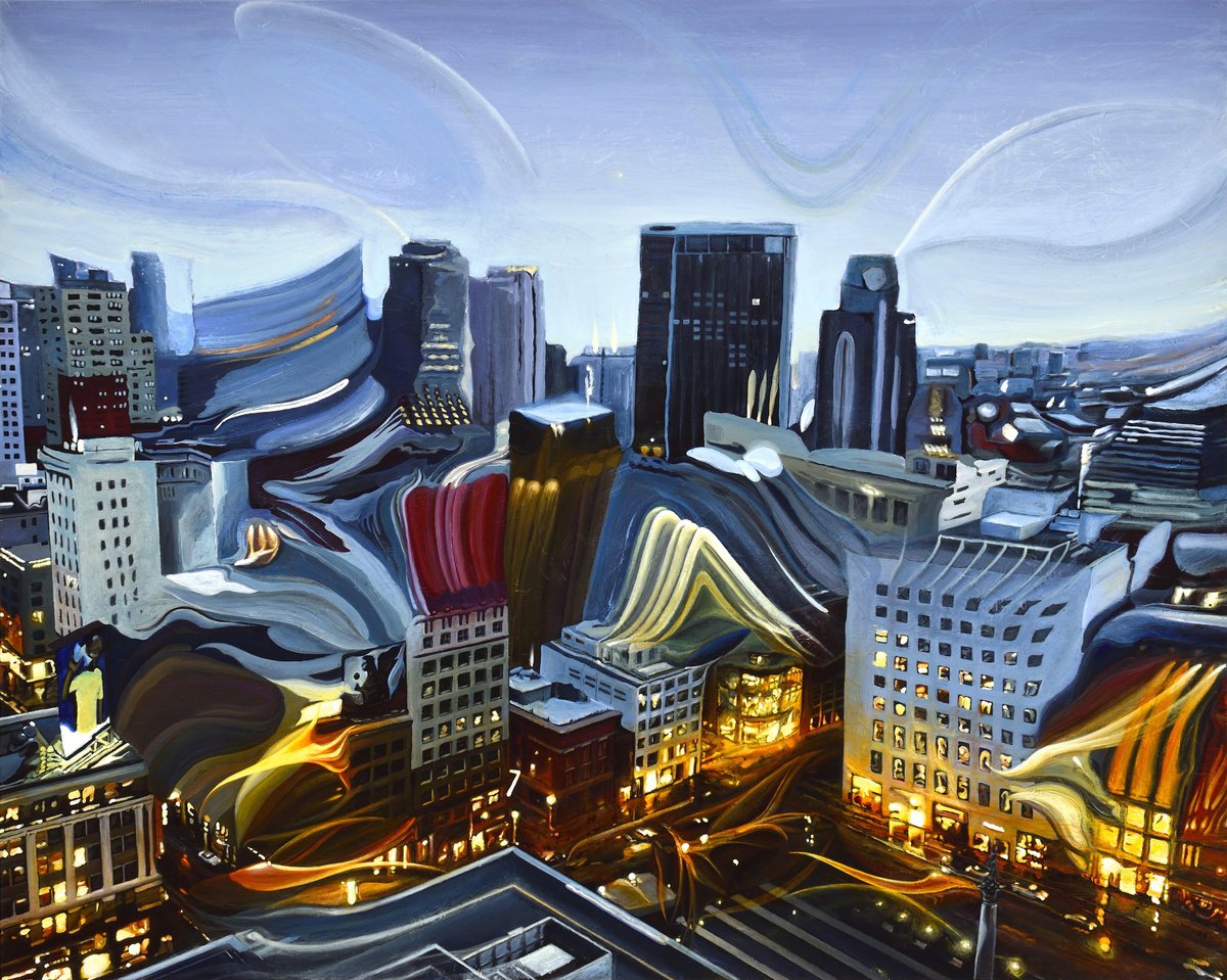 Surrealistic Cityscapes Acrylic Painting By Alex Nizovsky, 60 X 48, Nocturne #8 / Union Square, Original Artwork