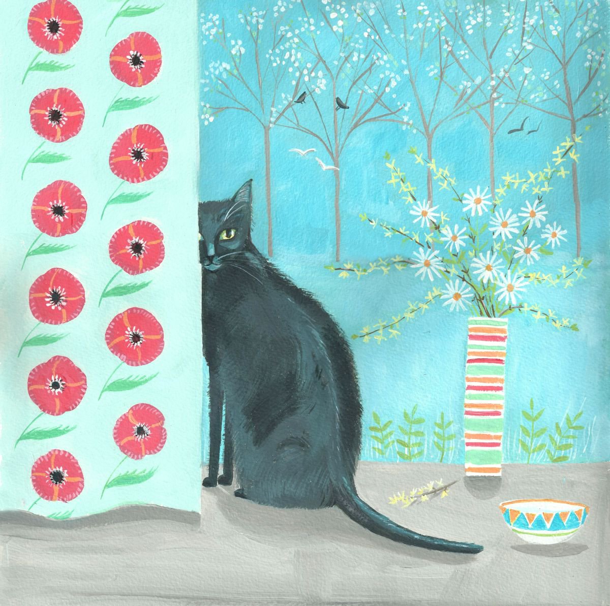 Illustrative Acrylic Painting , Black Cat With Curtain By Mary Stubberfield, 15 X 15, Artwork For Sale On Artfinder