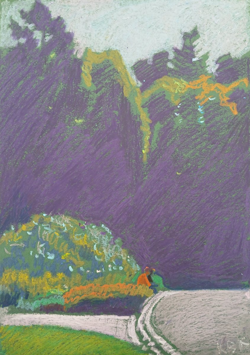 Impressionistic Cityscapes Pastel Drawing By Vasyl Koval, 12 X 16", In The Park, Original Artwork