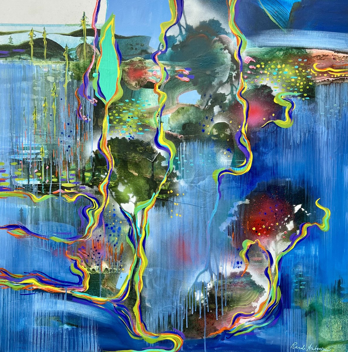 Organic Abstract Acrylic Painting By Randi Antonsen, 35 X 35", After The Rain, Original Artwork