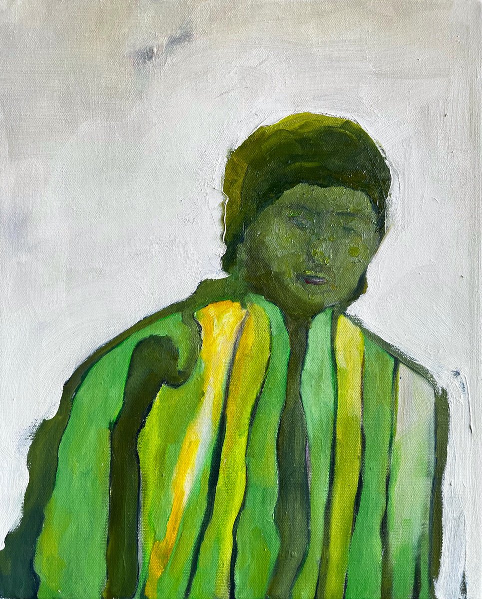 Abstract Portrait Oil Painting By Romuald Mulk Musiolik, 16 X 20", Man In A Green Striped Suite, Original Artwork