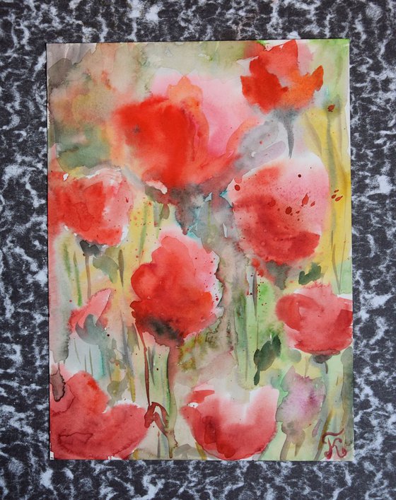 Original watercolor painting Flowers poppies