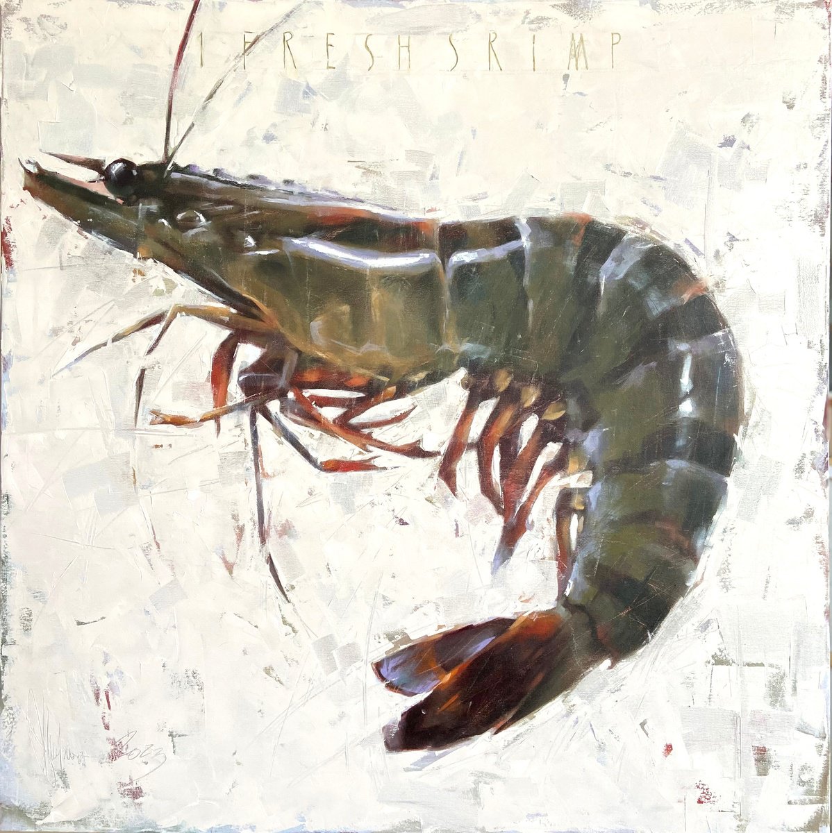 Urban And Pop Animal Oil Painting By Igor Shulman, 39 X 39, 1 Fresh Shrimp., Original Artwork