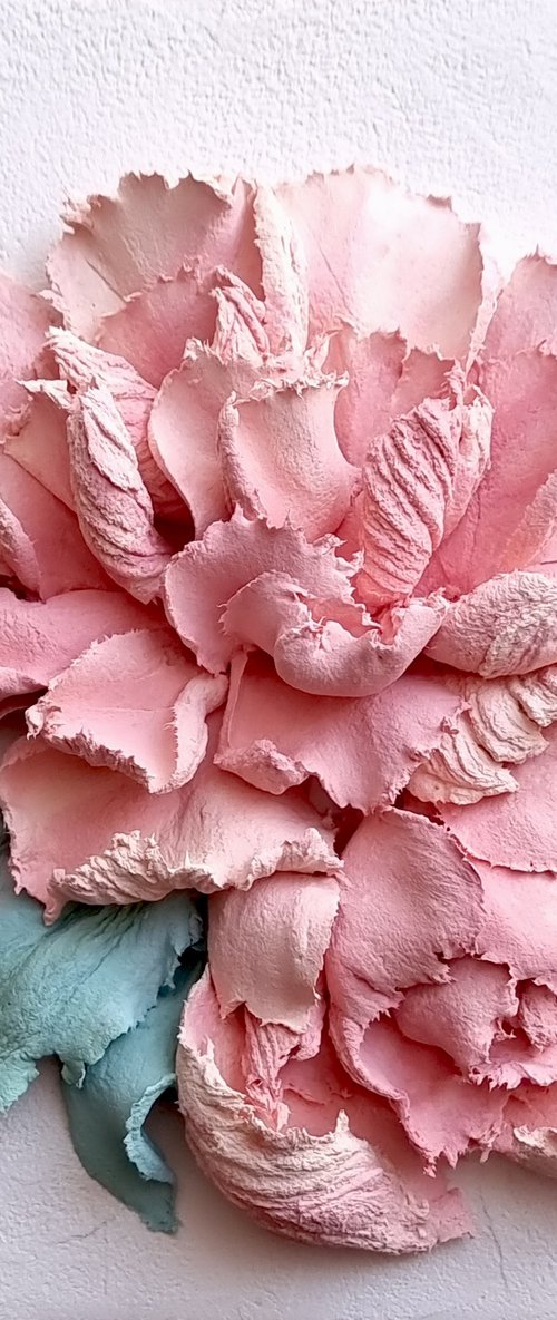 Peony flower panel. Small ceramic sculpture 3d flower with pink petals. Tender peony botanical bas- relief. Peonies - 3d painting by Irina Stepanova