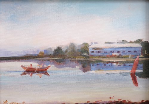 Rowing in foggy morning (5x7x0.1'') (framed 9x7x1") by Alexander Koltakov