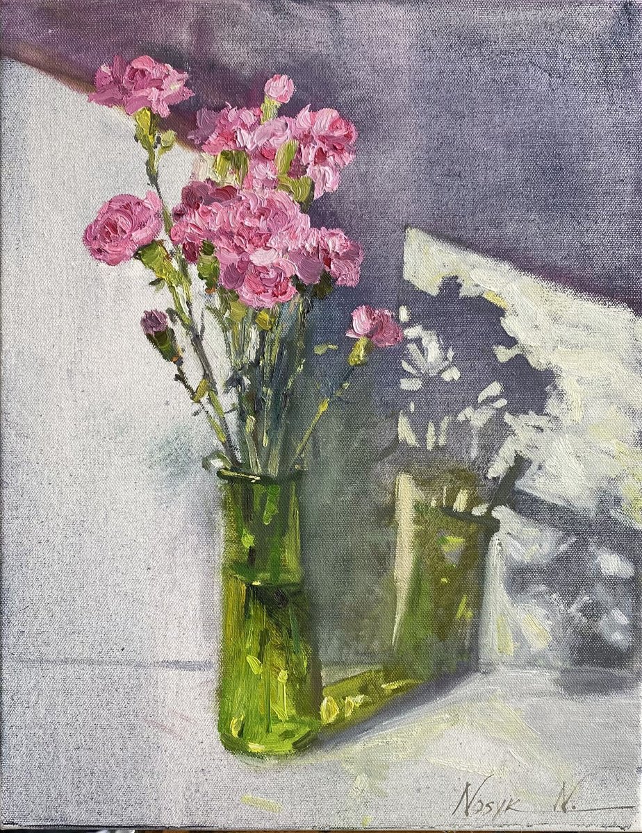 Impressionistic Botanical Oil Painting By Nataliia Nosyk, 14 X 18", Carnations And Shadows, Original Artwork