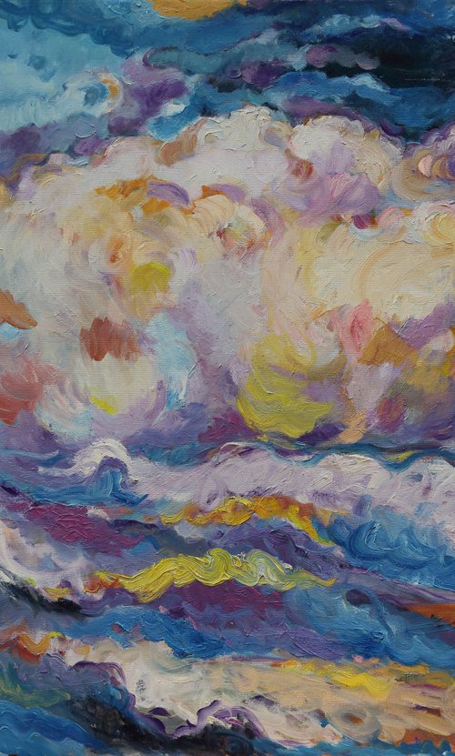 CLOUDS OVER THE CASPEAN SEA - large original impressionistic painting, blue sky landscape, skyscape cloudscape by Karakhan