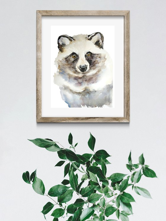 Japanese tanuki raccoon watercolor illustration