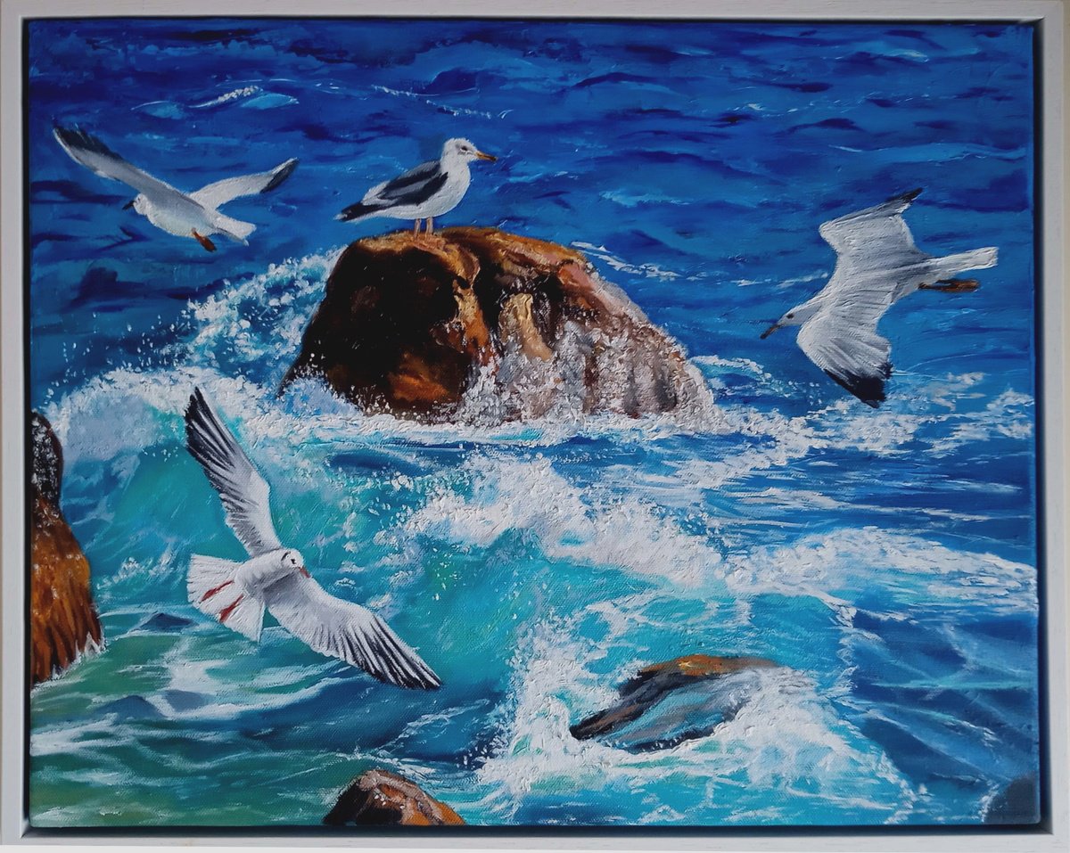 Impressionistic Landscape Oil Painting By Ira Whittaker, 21 X 17, Waves And Seagulls, Original Artwork