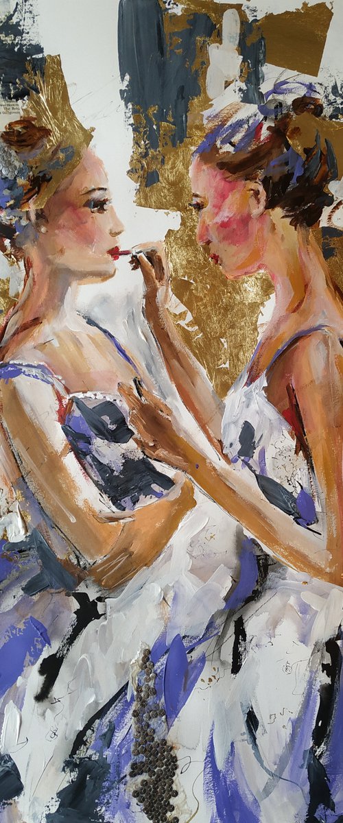 Two Ballerinas -  Mixed Media  Painting on Paper-Two Ballerinas by Antigoni Tziora