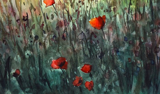 ORIGINAL Watercolor Field of Poppy Flowers - Red Poppies Landscape in Sunset - Nature Art