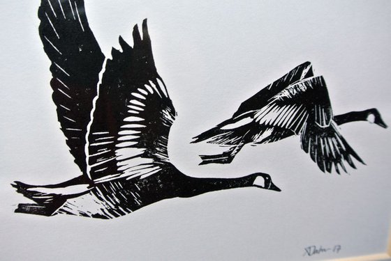 Birds in Flight Linocut, Pritned in Dark Brown, Geese Migrating, Print on Paper, Mounted