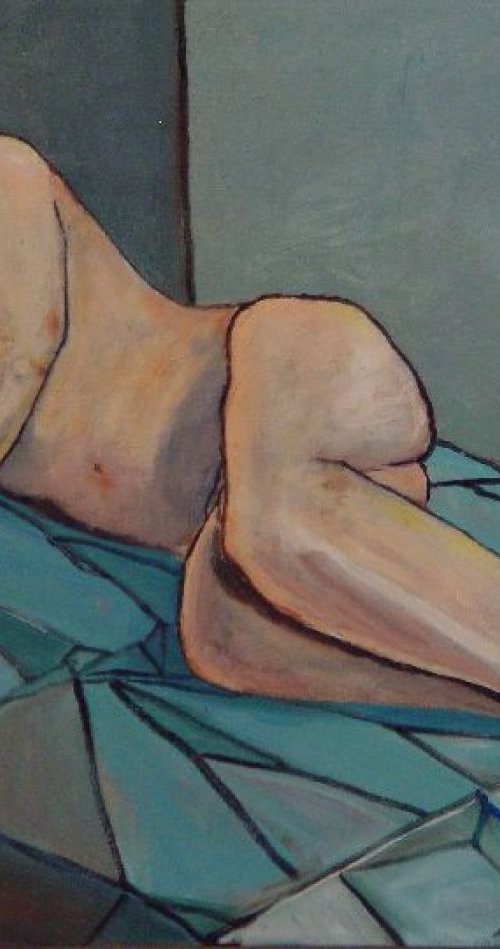 Nude Male Reclining on Blue Coverlet by Leon Sarantos