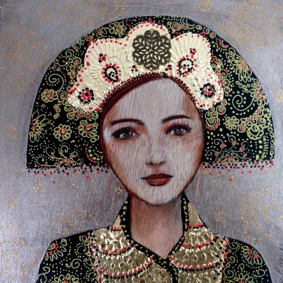 Woman icon on wooden panel 20 x 20 cm. Gold and bronze