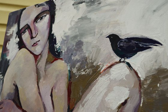 Nude and bird Acrylic painting