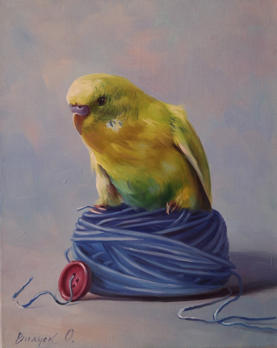 Illustrative Animal Oil Painting By Lena Vylusk, 8 X 10", "Little Thread Master", Original Artwork