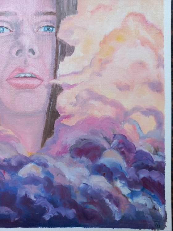 Pink Clouds. Woman oil portrait. Etude style. 38 x 27 cm/ 15 x 10.6 in