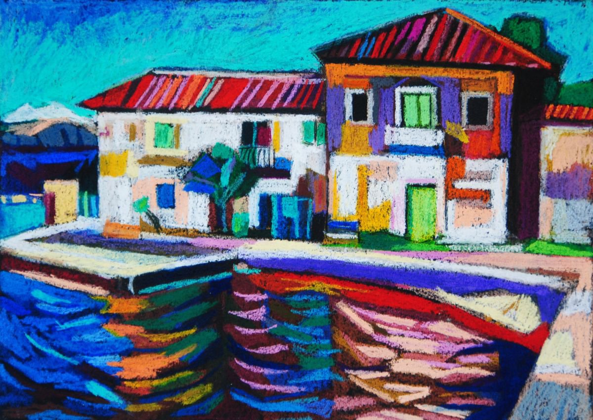 Expressive Cityscapes Pastel Drawing By Maja ?okic Mihajlovic, 14 X 10", Seascape, Original Artwork