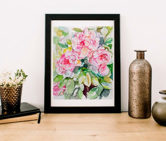 Peonies drawing on paper, Flower painting