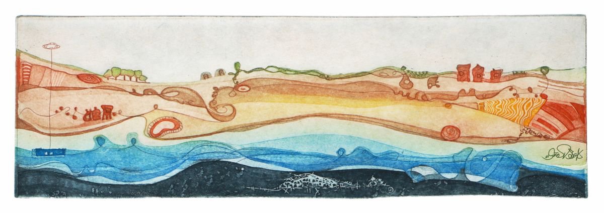 Heike Roesel Yellow fields by the Sea, fine art etching, edition of 35 in variation by Heike Roesel