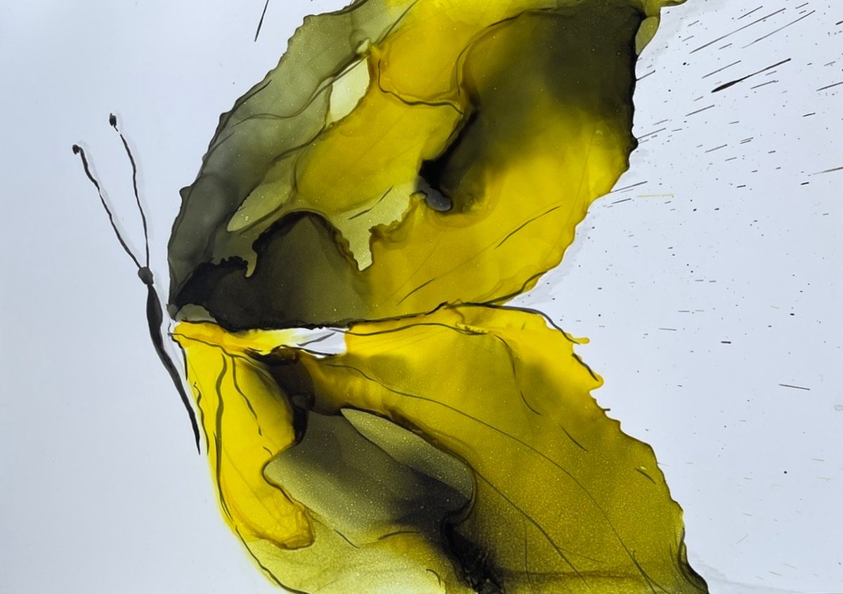 YELLOW BUTTERFLY - alcohol ink , plastic paper by Svetlana Martin
