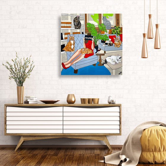 Cat Capers - Crazy Cat Lady 76cm x 76cm