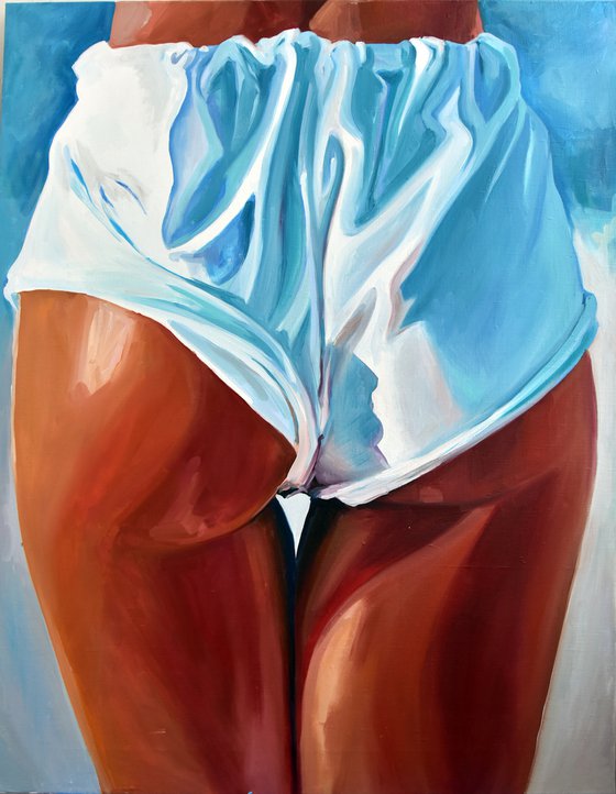 FRESH AND CLEAN - original painting sea swimming erotic art white blue shorts legs erotic art nude sexy pop art office interior home decore