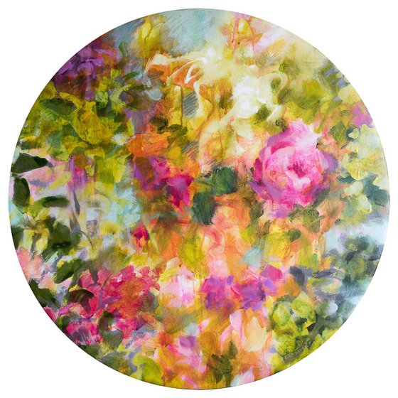 Spring - floral tondo - original abstract painting on circular canvas