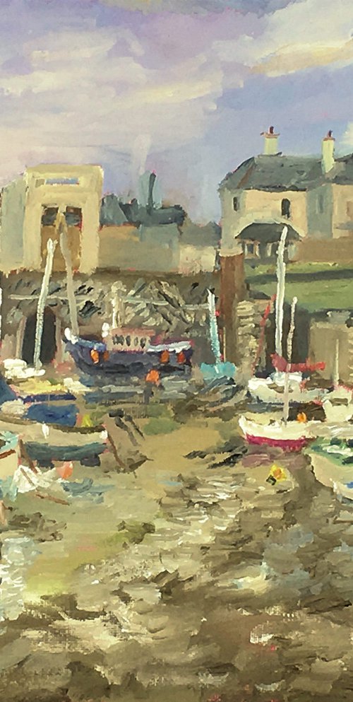 Sitting on the mud, Folkestone, an original oil painting by Julian Lovegrove Art