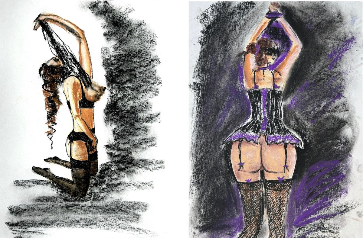 Expressive Portrait Pastel Drawing By Yuliia Sharapova, 24 X 17", Women In Black Set Of 2, Original Artwork