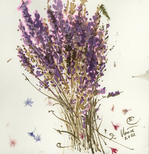 Bouquet of lavender.  Colored ink on handmade paper with natural flower petals by Tatyana Tokareva