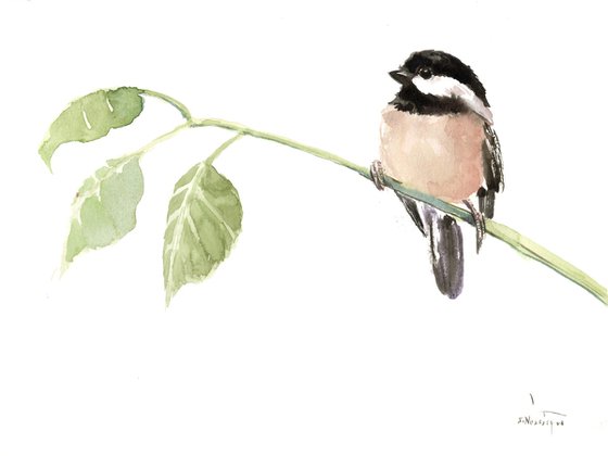 Chickadee and Three Leaves