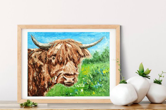 Highland Cow Painting Original Art Farm Animal Artwork Cow Wall Art