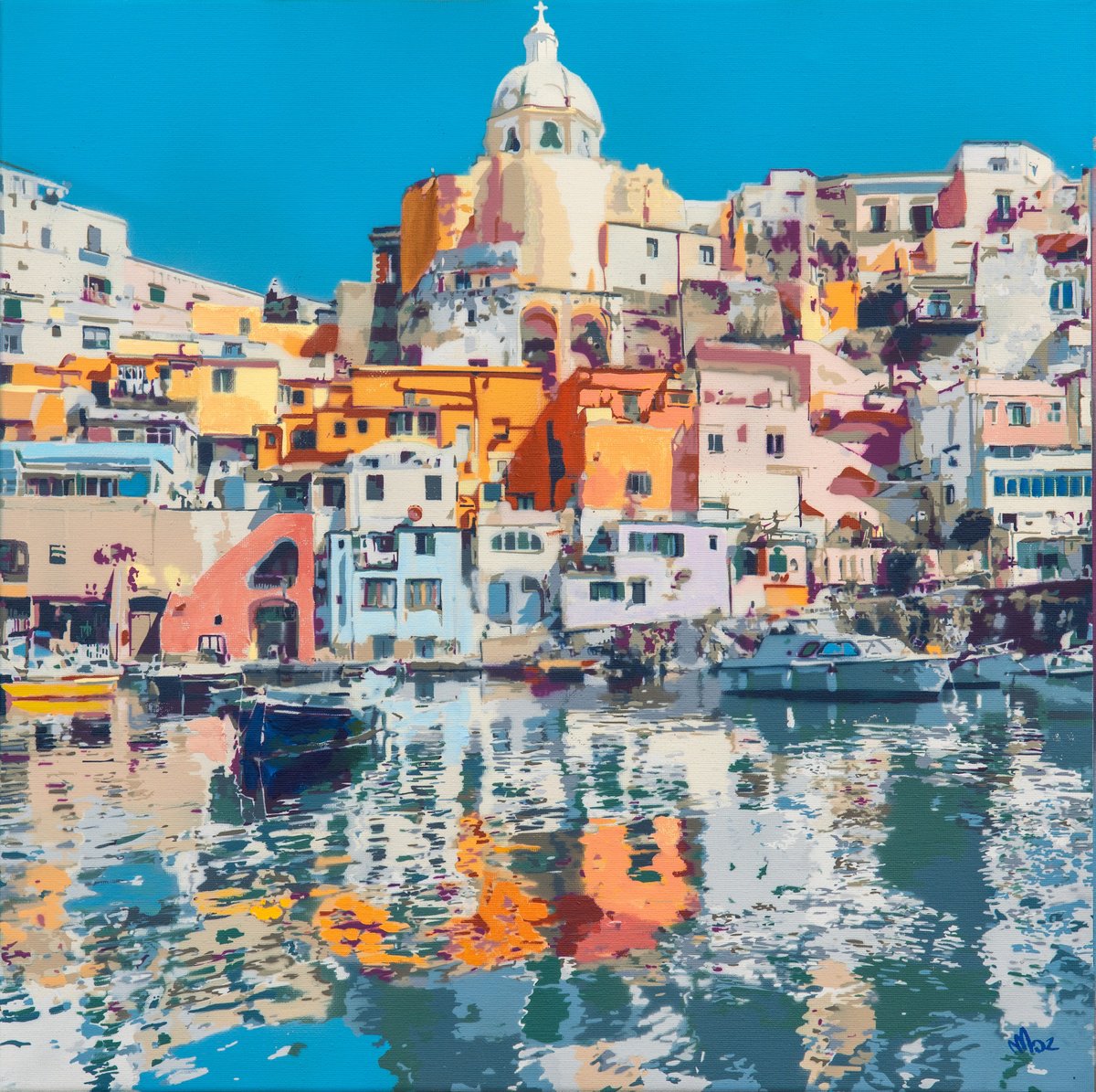 Impressionistic Landscape Painting By Marco Barberio, 20 X 20", Sunlit Procida, Original Artwork