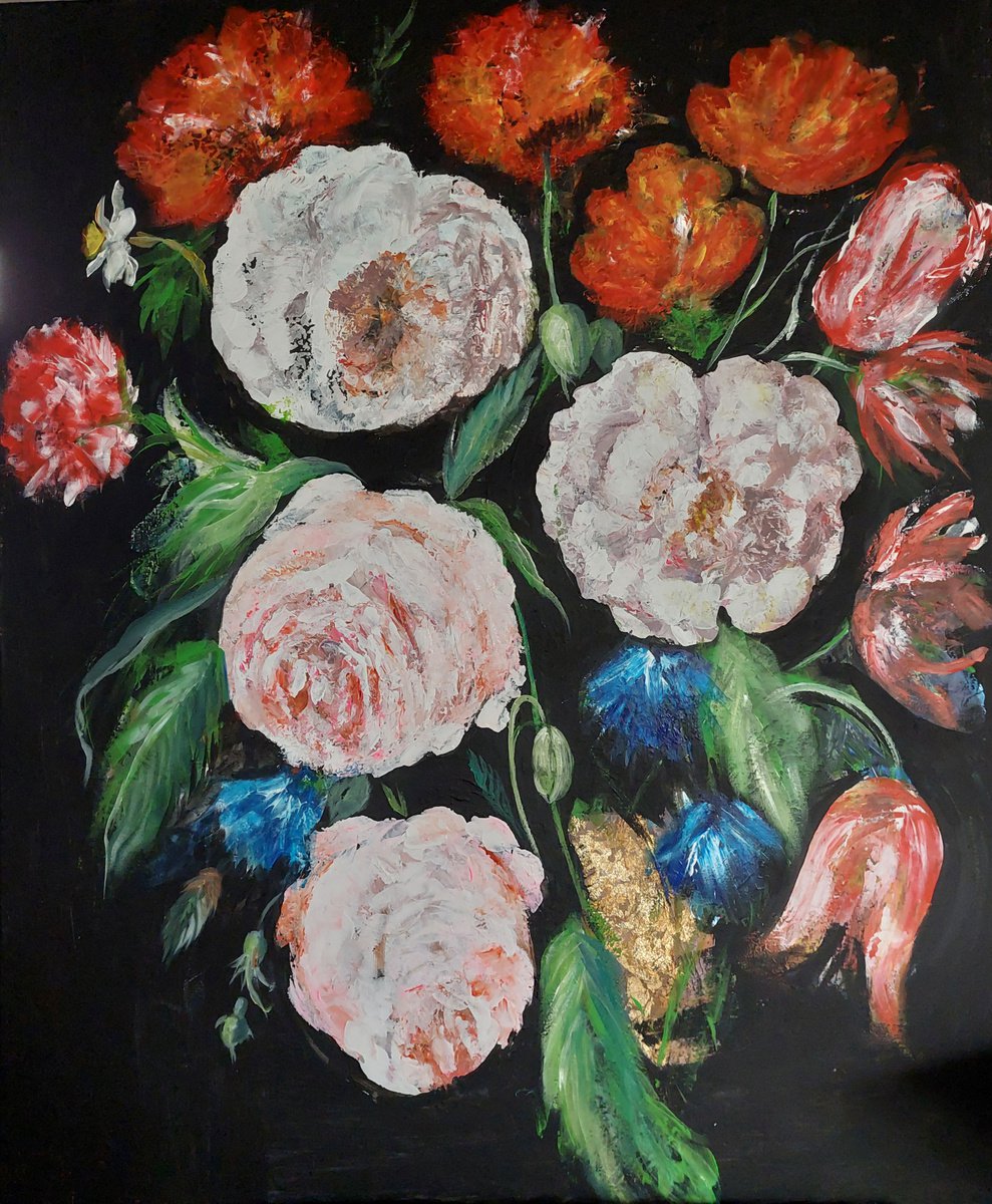 Impressionistic Botanical Acrylic Painting By Els Driesen, 39 X 47, Flowers From The Golden Age, Original Artwork