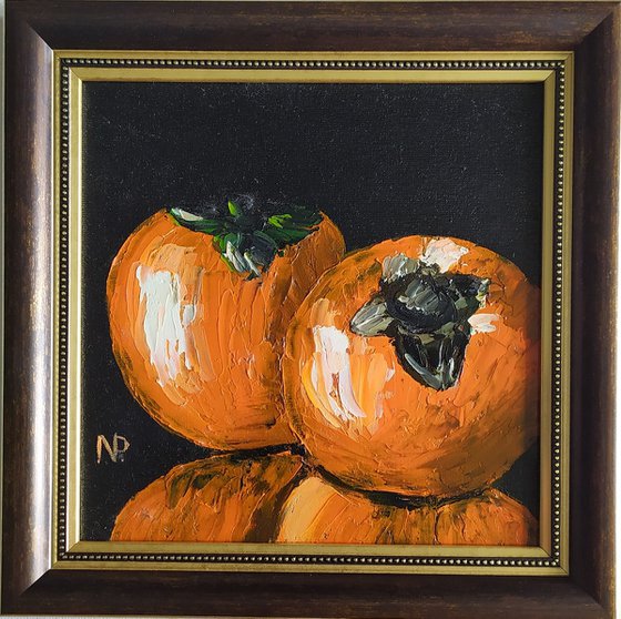 Persimmons, original still life fruit oil painting, framed art for gifts