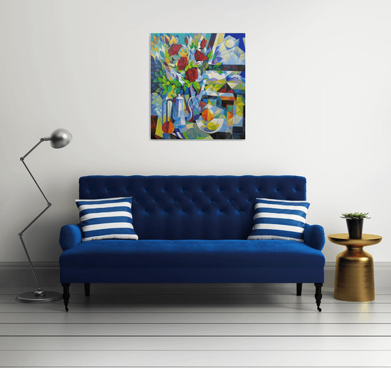 Still life with roses (80x90cm, cubism, oil painting, ready to hang)